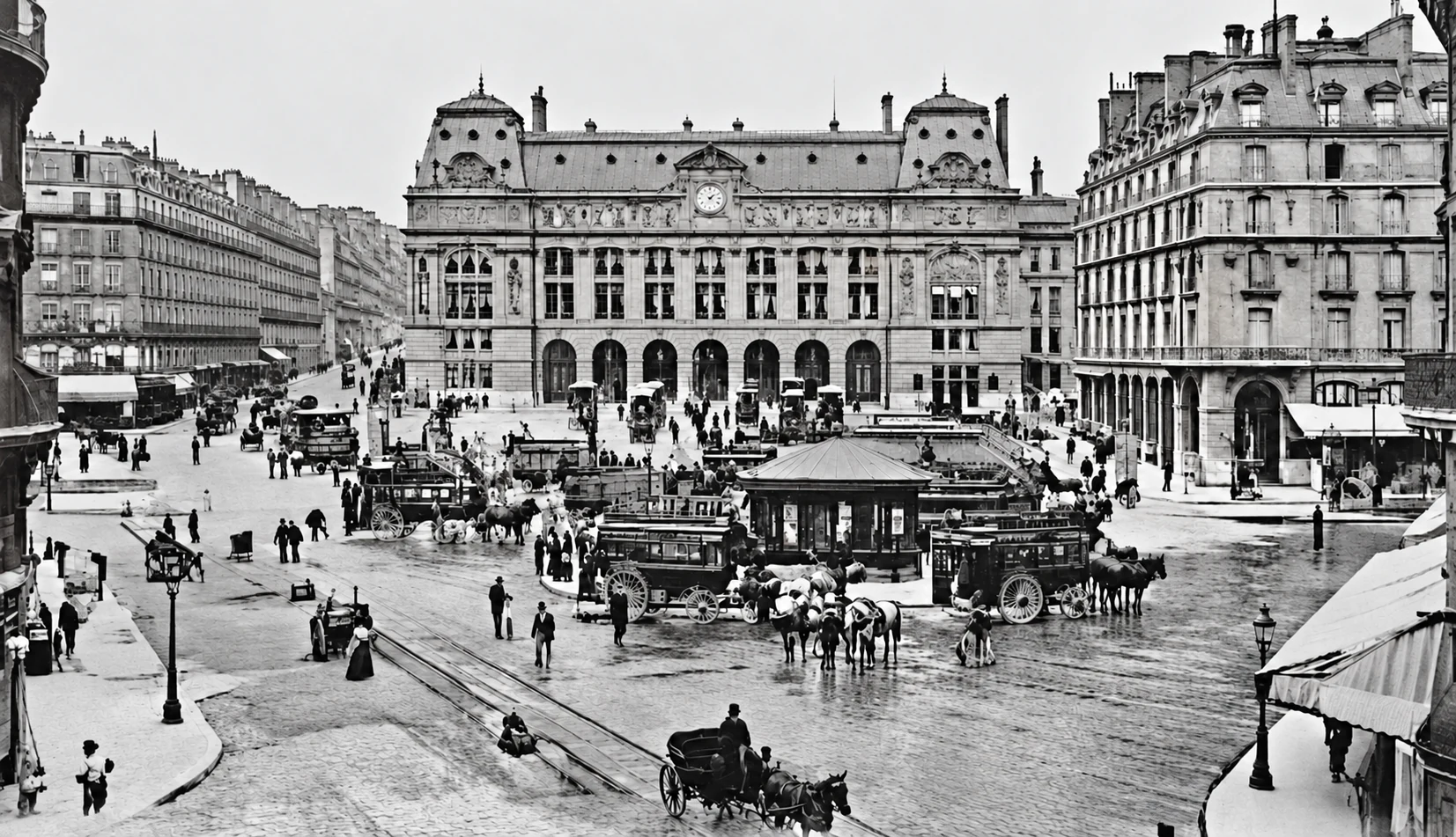 Gare Saint-Lazare around 1900, with an omnibus and carriages in front