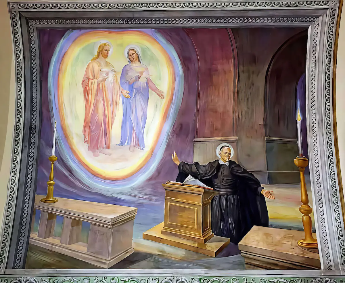 San Juan Eudes de rodillas ante los Corazónes de Jesús y de María